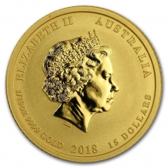 Золотая монета Австралии 15 долларов "Год собаки", 1/10 Oz, 2018, 3,11г.